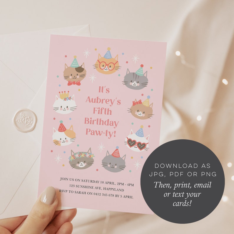 Cute Cat Invitation Template, Editable Kitten Invitation, Girls Cat Party, Digital Cat Invitation, Corjl Invitation, Party Kitties 842 image 5