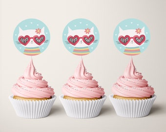 Cat Cupcake Toppers, Cat With Heart Shaped Glasses Cupcake Toppers, Instant Download Kitty Cupcake Toppers, Cat Party, Lets Party Kitty 340