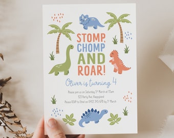 Editable Dinosaur Invitation, Stomp Chomp and Roar Dinosaur Invitation Template, Corjl Dinosaur Invitation, Boys digital 4th Birthday Invite