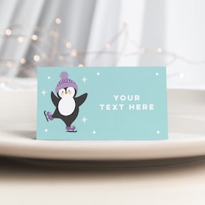 Tiendas de campaña de comida de pingüinos, tarjetas editables de lugar de pingüinos, patinaje sobre hielo de pingüinos lindos, fiesta de cumpleaños temática de pingüinos, fiesta de invierno, fiesta de pingüinos 345