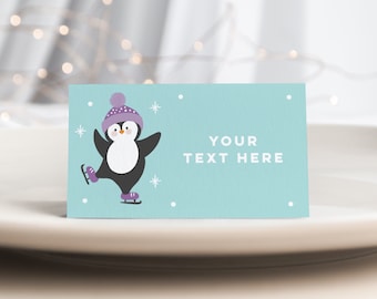 Penguin Food Tents, Editable Penguin Place Cards, Cute Penguins Ice Skating, Penguin Themed Birthday Party, Winter Party, Penguin Party 345