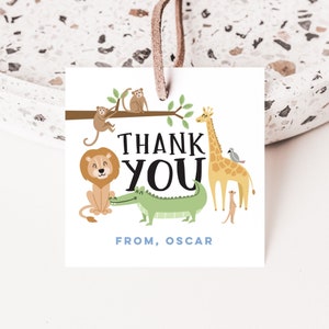 Wild One Thank You Tag, 1st Birthday wild one favour tags, Editable wild one gift tags, Lion, monkey, alligator and giraffe, wild one 550 image 1