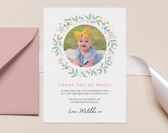 Pink Vintage Floral Thank You Card - Hand-drawn First Birthday Canva ...