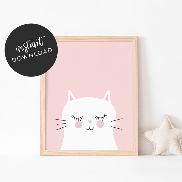 Cute cat art print for girls room, white kitten art print, digital download kids art, Cute kitty printable wall art for nursery or kids room