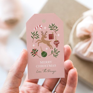 Etiquetas de regalo de Navidad personalizadas, linda plantilla de etiqueta de regalo de Navidad, etiquetas digitales de renos, etiquetas navideñas ilustradas, adornos, regalos, muérdago