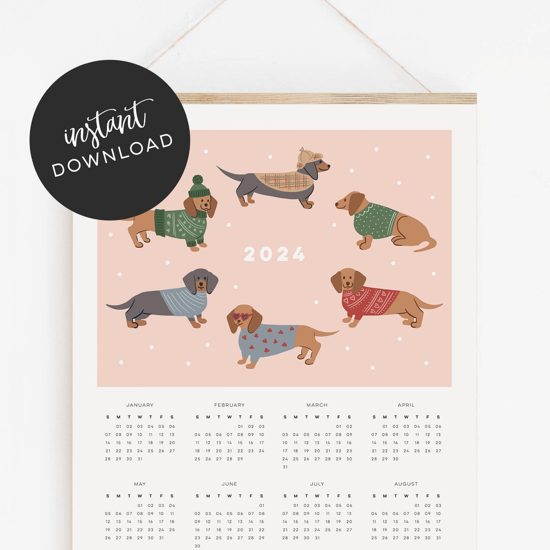 Printable 2024 Dachshund Calendar Cute Sausage Dog Calendar Etsy