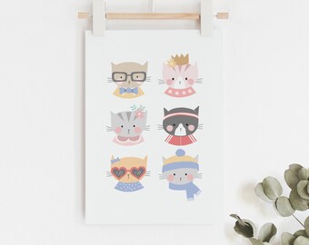 Cute kitty cat faces art print // cute cat family kids illustrated wall art print // Girl's room decor wall print // gift for cat lovers