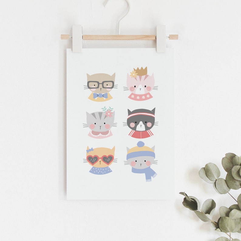 Cute kitty cat faces art print // cute cat family kids illustrated wall art print // Girl's room decor wall print // gift for cat lovers image 1
