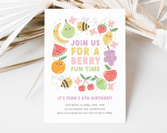 Girls Fruit Invitation Template, Cute Fruit Themed Birthday, Fruit With Faces And Bees, Editable Berry Sweet Invitation, Tutti Frutti