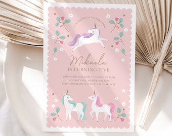 Beautiful unicorn invitation template with flowers, Rainbow unicorn invitation, digital unicorn invite, editable unicorn invitation 713