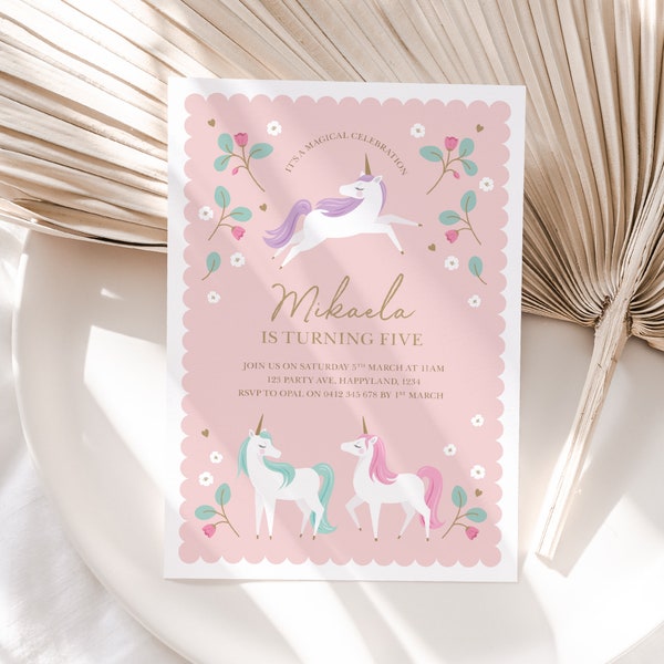 Beautiful unicorn invitation template with flowers, Rainbow unicorn invitation, digital unicorn invite, editable unicorn invitation 713