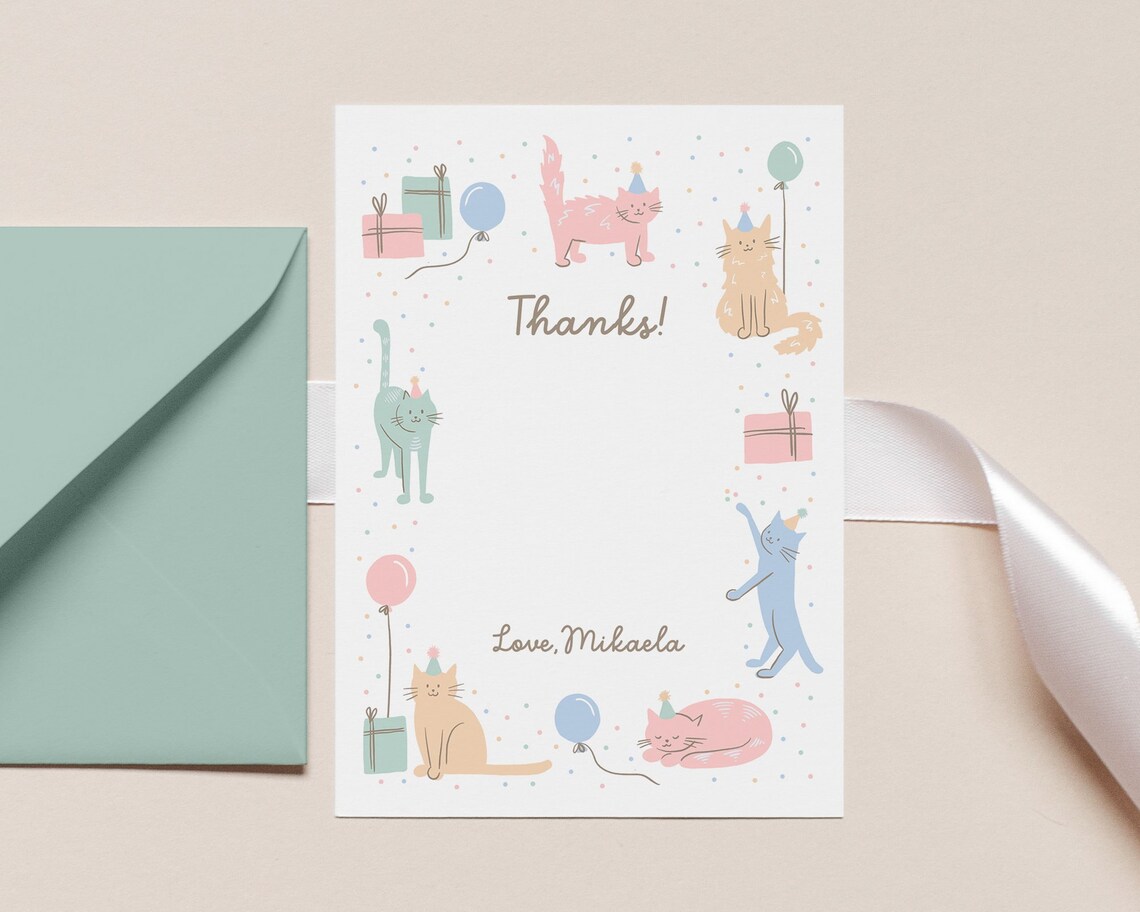 Editable Cat Thank You Card Cat Birthday Thank You Printable - Etsy
