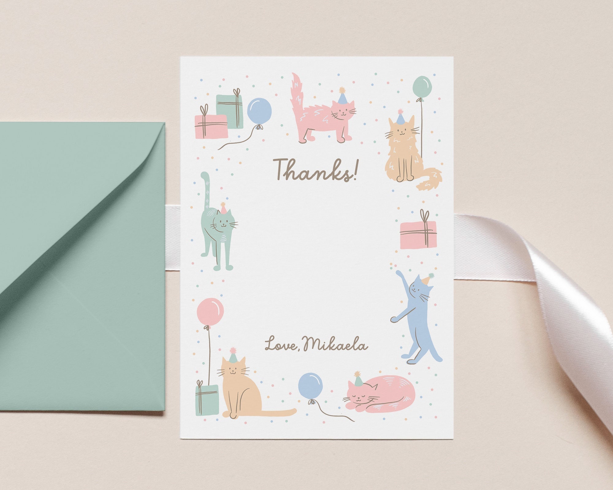 Editable Cat Thank You Card Cat Birthday Thank You Printable Etsy