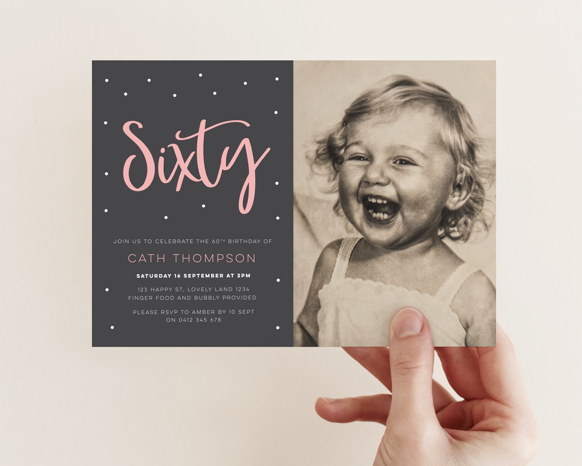 60th birthday invitation with photo black and white stripe | Etsy