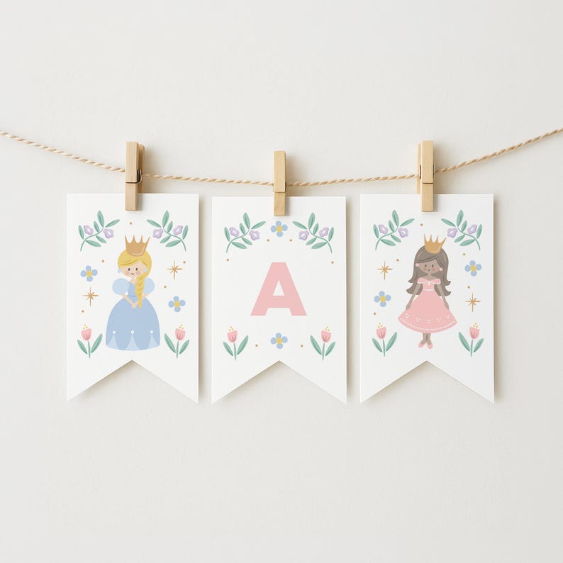 Princess Alphabet Flag Banner: Princesses, Unicorn and Carriage Royal ...