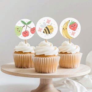 Toppers de cupcake de frutas fofos, toppers de cupcake Tutti Frutti, download digital de toppers de cupcake, frutas com rostinhos, Tutti Frutti para imprimir