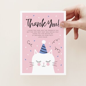 Carte de remerciement pour la fête d'anniversaire d'un chat pour enfants // tout âge, le libellé peut être modifié // fête d'anniversaire pour chat minou rose et bleu à imprimer