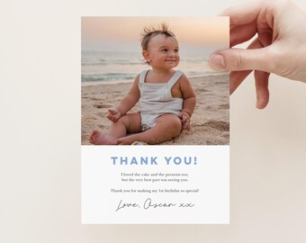Cartão de Agradecimento Minimalista para Menino, Cartão de Agradecimento Unissex para o 1º Aniversário, Cartão de Agradecimento Editável, Bebê Menino, Foto Minimalista 125