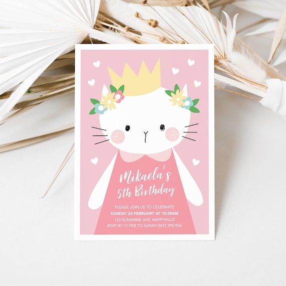 Cute Cat Invitation for girls birthday any age! Girls Kitten birthday Editable 1st, 2nd, 3rd, 4th, 5th, 6th birthday invitation