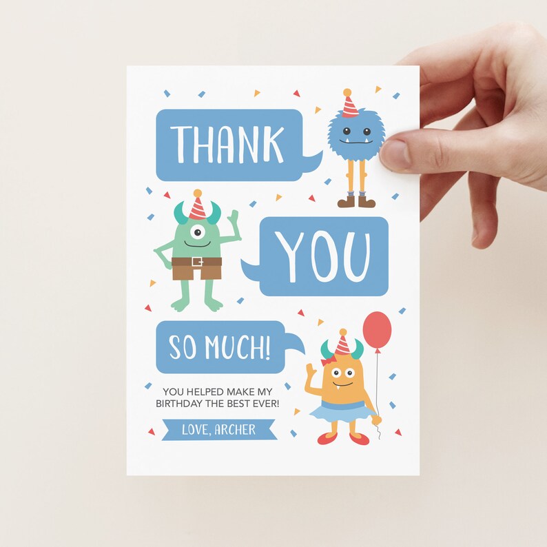 Monster Thank You Card / Boy's birthday Thank You Card / Little Monster Party thank you, Our monster Party thank you / Boy's 3rd Birthday image 1