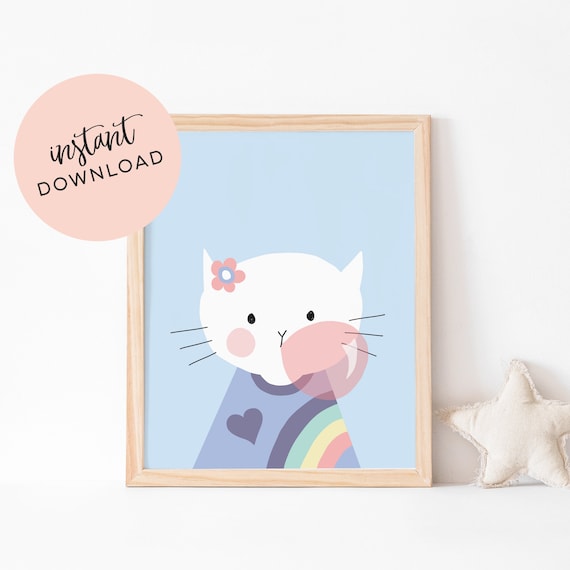 Art Print of Cute Cat Chewing Bubble Gum Instant Download Cat Art