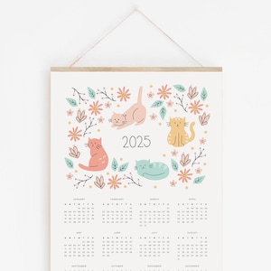 PRINTED 2025 Cat Calendar, Hand Drawn Cute Cats In Flower Fields, Gift For Cat Lover, A3 A4 Poster Calendar, Floral Calendar, Cat Calendar