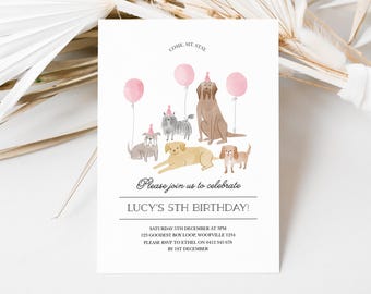 Verjaardagsuitnodiging hond meisjes, aquarel puppy feestuitnodiging (bewerkbare sjabloon) 501