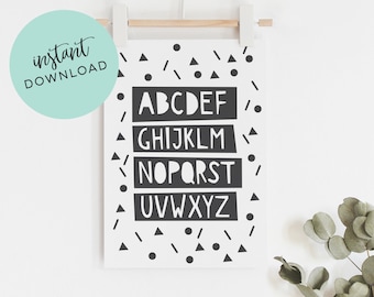 Instant download black and white ABC art print // Kid's Alphabet art print, bold geometric design with triangles and circles