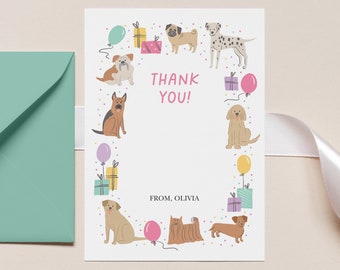 Girls Dog Thank You Card, Puppy Party Thank You, Editable Dog Thank You, Digital Thank You Template, Girls Dog Party, Paw-ty Pups 769