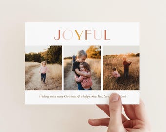 Joyful 3 Photo Christmas Card, Modern Christmas Card Template, Editable Photo Xmas Card, Trendy Christmas Card, Digital Christmas Card Corjl