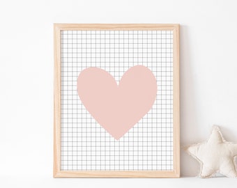 Pink heart art print, pretty and modern wall art for Children's room or nursery, grid and pink, simple scandi inspired art for kids room