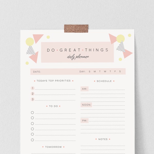 Printable Daily Planner A4 and US Letter cute and geometric in pink and yellow // Instant download // cute stationery Daily Organizer