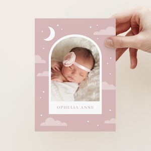 Modèle de faire-part de naissance ciel nocturne, faire-part de naissance modifiable filles, modèle de faire-part de naissance lune, faire-part photo nouveau-né fille