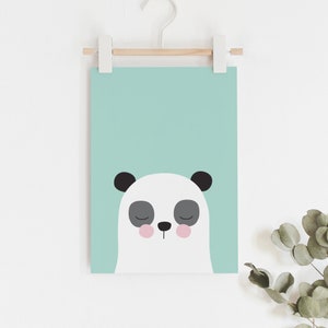 Panda print in teal green kids art print // kids wall art // baby boy print / cute green, black and white panda illustration