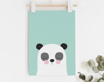 Panda print in teal green kids art print // kids wall art // baby boy print / cute green, black and white panda illustration