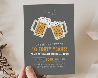 Editable Cheers And Beers Invitation, Mid Century Invitation For Men, Men's 40th Birthday Invitation, Retro Beer Invitation Template