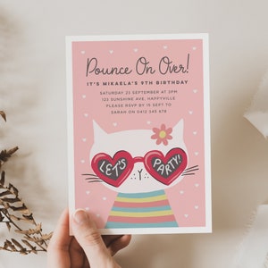 Cat with Heart Glasses Invitation Template, Cute Cat Birthday Invitation, Editable Cat Invitation, Digital Cat Invite, Lets Party Kitty 340