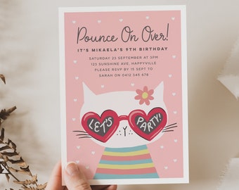Cat with Heart Glasses Invitation Template, Cute Cat Birthday Invitation, Editable Cat Invitation, Digital Cat Invite, Lets Party Kitty 340