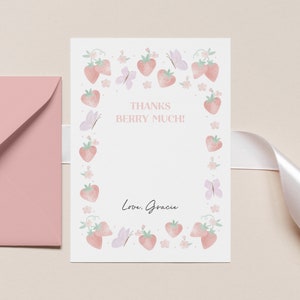 Nota de agradecimiento de fresa y mariposa de acuarela, papelería de fresa personalizada, agradecimiento de fiesta de bayas, guinga y fresas 908