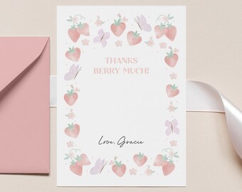 Watercolour Strawberry And Butterfly Thank You Note, Personalised Strawberry Stationery, Berry Party Thank You, Gingham And Strawberries 908