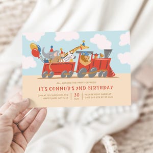 動物たちをあしらった男の子向け電車招待状：編集可能な誕生日招待状テンプレート、Party Express