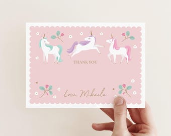 Personalised Unicorn Thank You Card, Rainbow unicorn birthday thank you card, Editable Unicorn Stationery, Pink and gold unicorn card 713