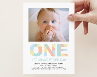 Modern First Birthday Invitation With Photo For Boys, Boys Bright Geometric birthday Party Invitation