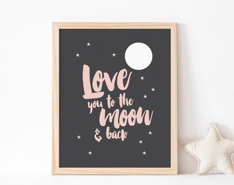 Love you to the moon and back art print // girls room art print // kids wall art // baby girl print // pink and black modern nursery art