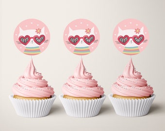 Cat With Heart Sunglasses Cupcake Toppers, Cat Cupcake Toppers, Instant Download Cat Toppers, Girls Cat Party, Lets Party Kitty 340