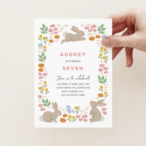 Editable Bunny Invitation, Floral Rabbit Invitation Template, Some Bunny Birthday Invitation, Girls Digital Invitation, Field Of Bunnies
