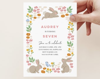 Editable Bunny Invitation, Floral Rabbit Invitation Template, Some Bunny Birthday Invitation, Girls Digital Invitation, Field Of Bunnies