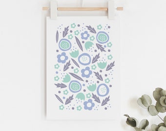 Botanical art print, illustrated flowers wall art in blue and teal. Scandinavian inspired modern art print for home or nursery, original art