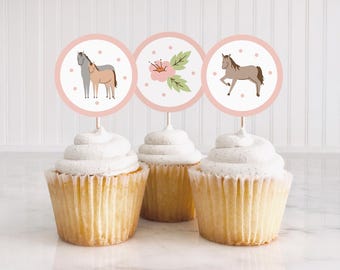 Girls horse theme cupcake toppers, DIY round pony party cupcake toppers, cute horse birthday printables, instant download horse toppers 505
