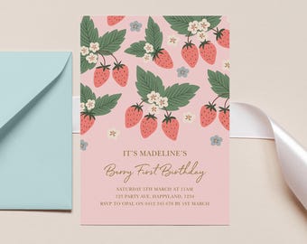 Berry First Strawberry Invitation, Strawberry Invitation Template, Berry Sweet Birthday Invitation, 1st Birthday, Berry Sweet Strawberry 890